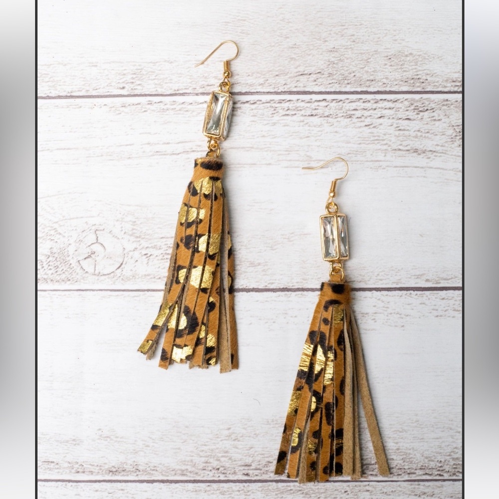 Leopard Print Tassel Earrings with Gold Accents